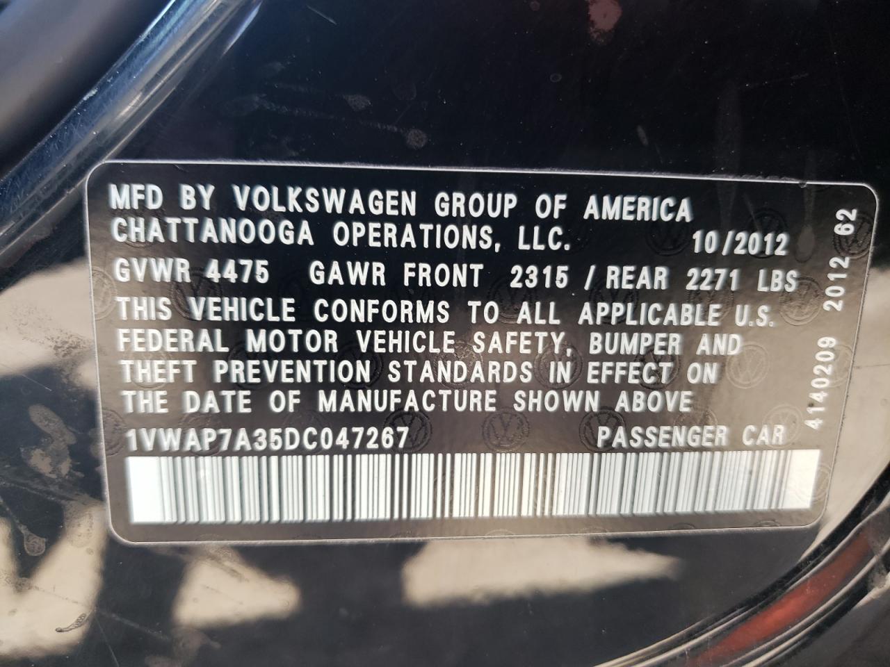 2013 Volkswagen Passat S VIN: 1VWAP7A35DC047267 Lot: 69232395