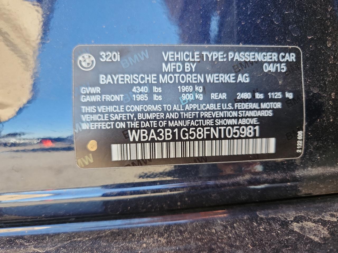 2015 BMW 320 I VIN: WBA3B1G58FNT05981 Lot: 96903485