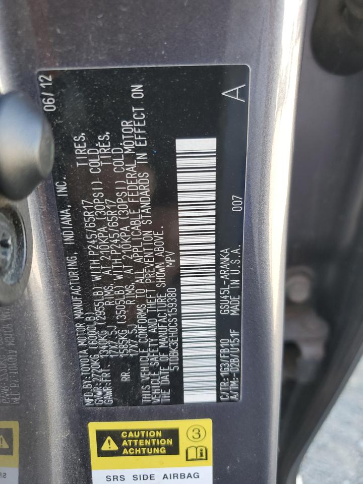 2012 Toyota Highlander Base VIN: 5TDBK3EH0CS159380 Lot: 66216445