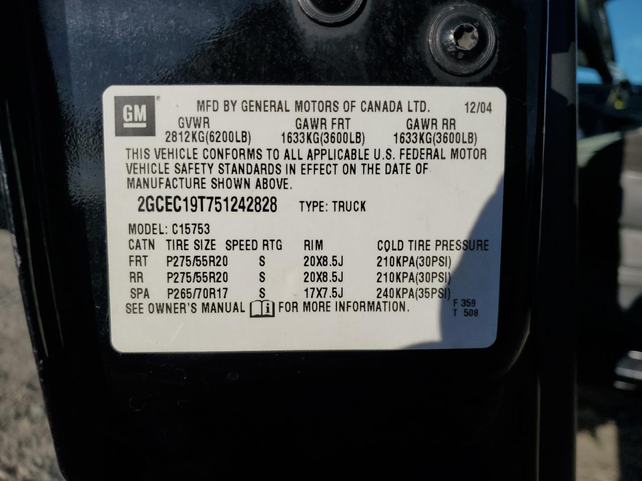 2005 Chevrolet Silverado C1500 VIN: 2GCEC19T751242828 Lot: 69985205