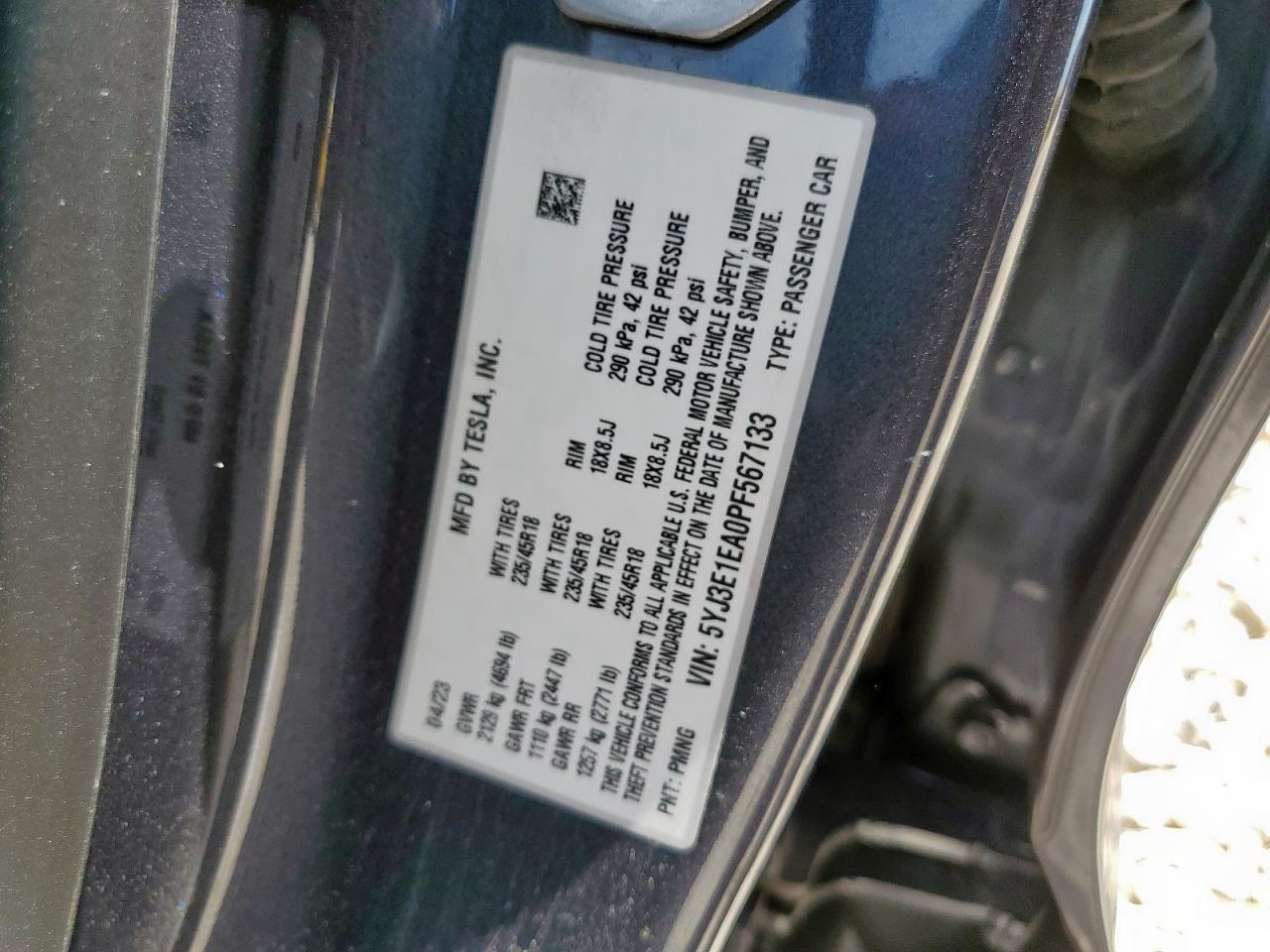 2023 Tesla Model 3 VIN: 5YJ3E1EA0PF567133 Lot: 66707355