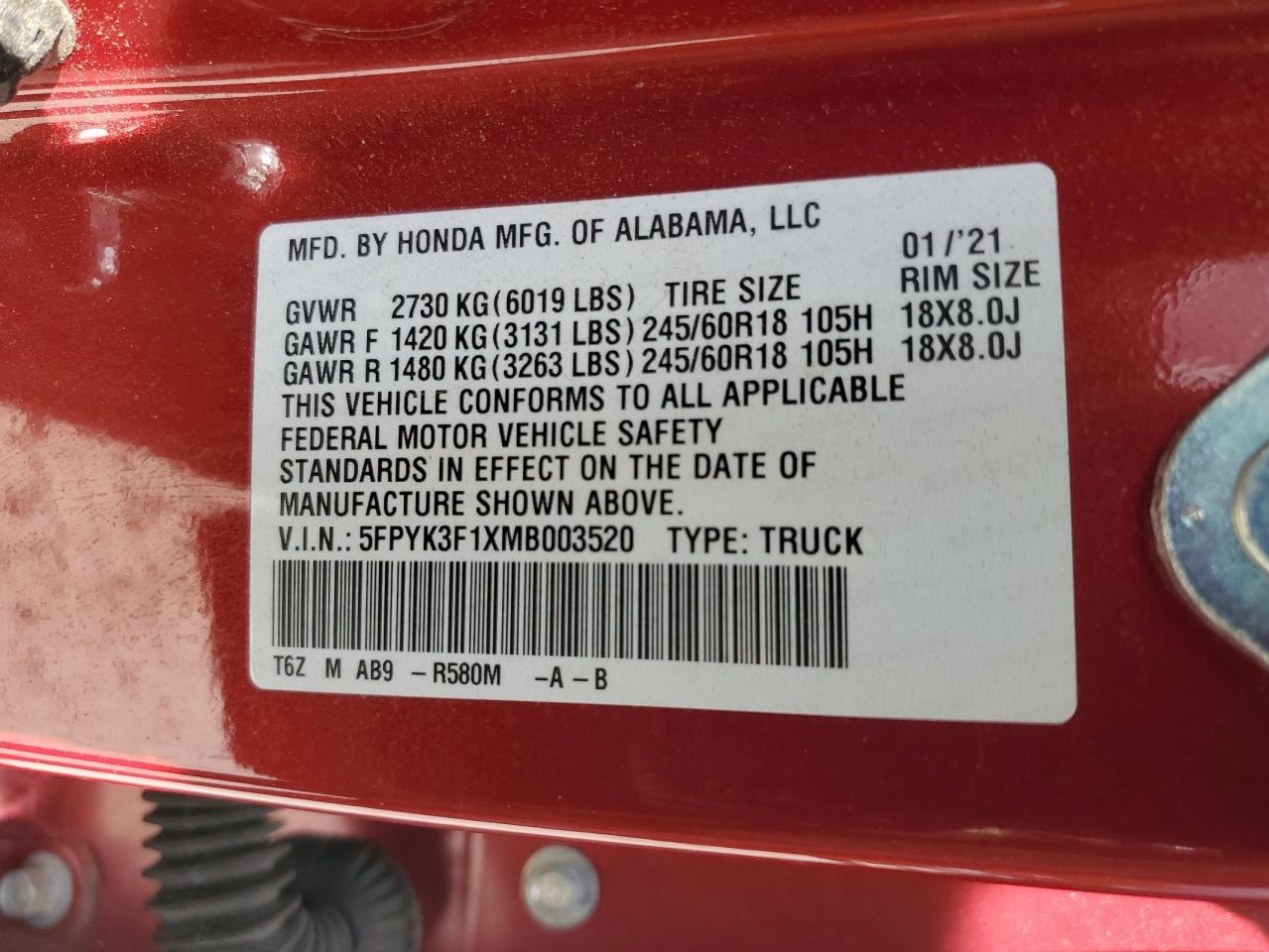 2021 Honda Ridgeline Sport VIN: 5FPYK3F1XMB003520 Lot: 70936165