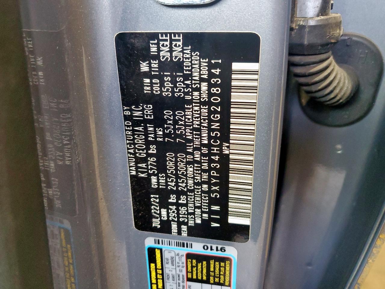 2022 Kia Telluride Ex VIN: 5XYP34HC5NG208341 Lot: 70654055