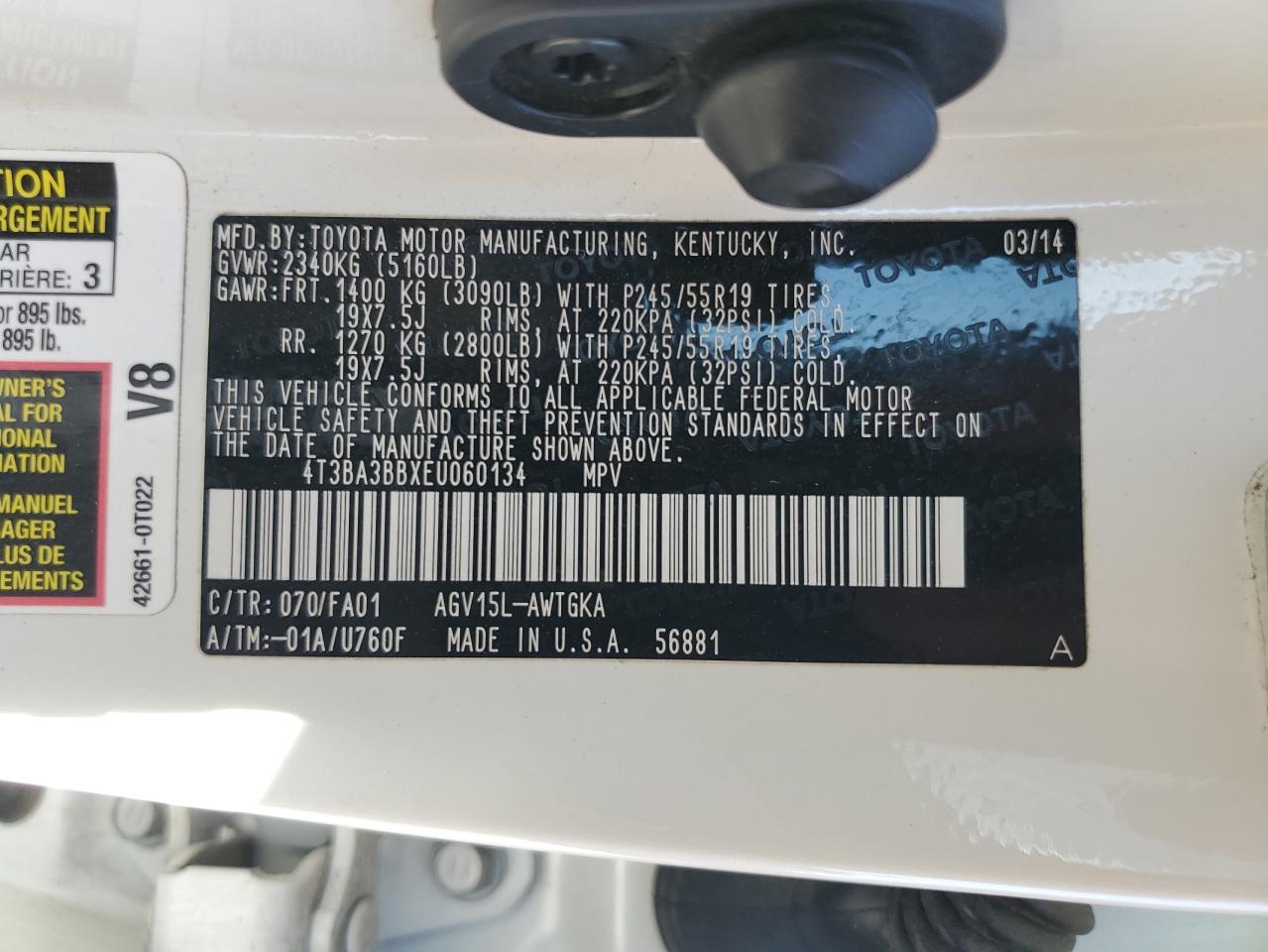 2014 Toyota Venza Le VIN: 4T3BA3BBXEU060134 Lot: 69702025