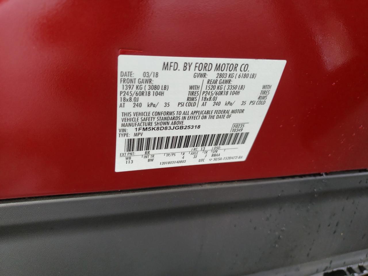 2018 Ford Explorer Xlt VIN: 1FM5K8D83JGB25318 Lot: 69113195
