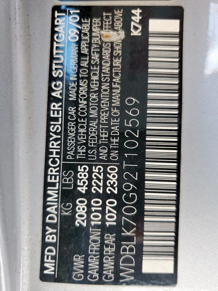 2002 Mercedes-Benz Clk 430 VIN: WDBLK70G92T102569 Lot: 69696005