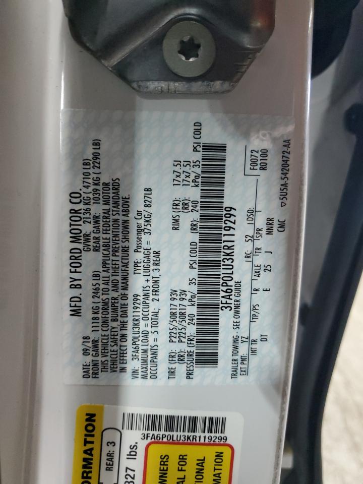 2019 Ford Fusion Se VIN: 3FA6P0LU3KR119299 Lot: 59002475