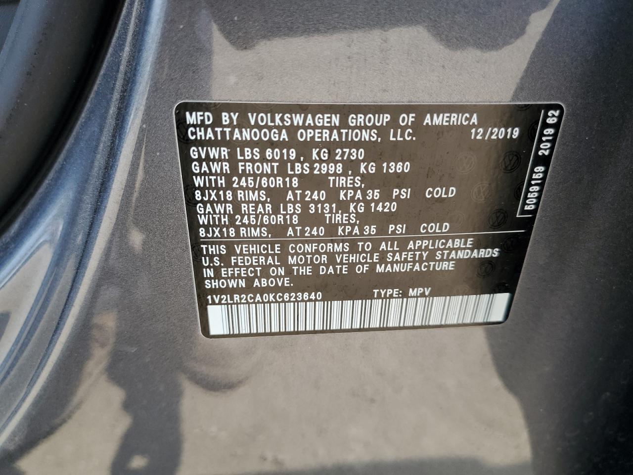 2019 Volkswagen Atlas Se VIN: 1V2LR2CA0KC623640 Lot: 68899885