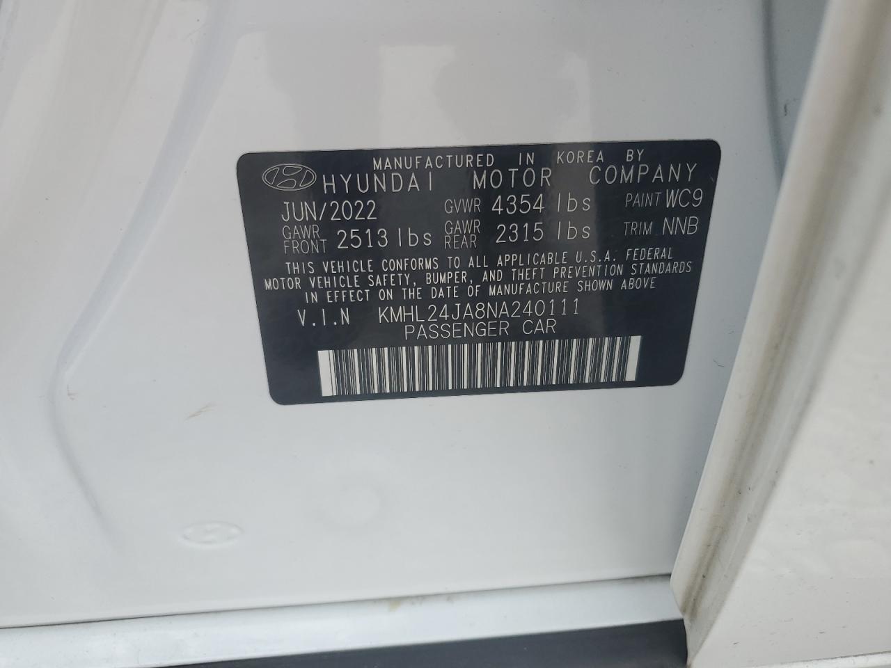 2022 Hyundai Sonata Se VIN: KMHL24JA8NA240111 Lot: 70659145