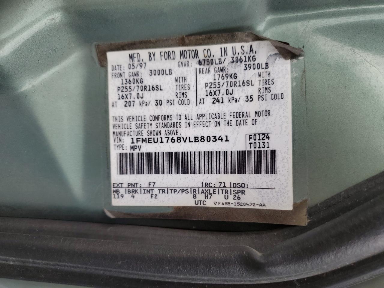 1997 Ford Expedition VIN: 1FMEU1768VLB80341 Lot: 69853365