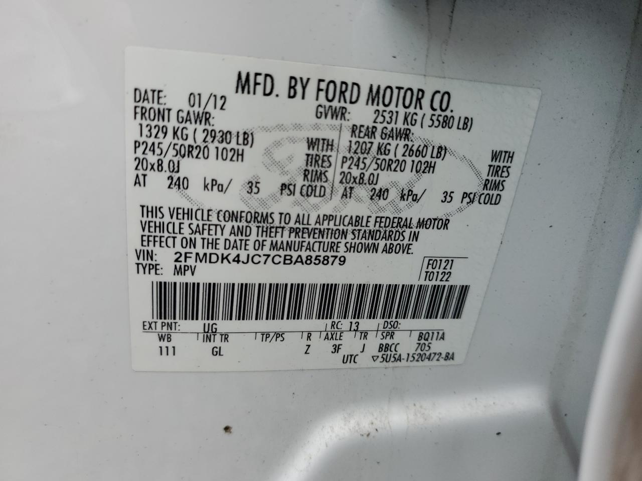 2012 Ford Edge Sel VIN: 2FMDK4JC7CBA85879 Lot: 68694205