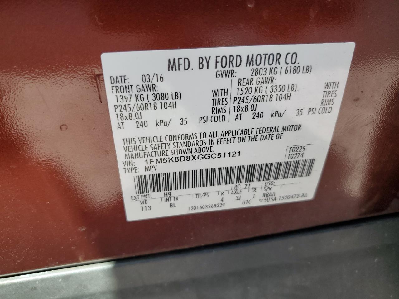 2016 Ford Explorer Xlt VIN: 1FM5K8D8XGGC51121 Lot: 65745605