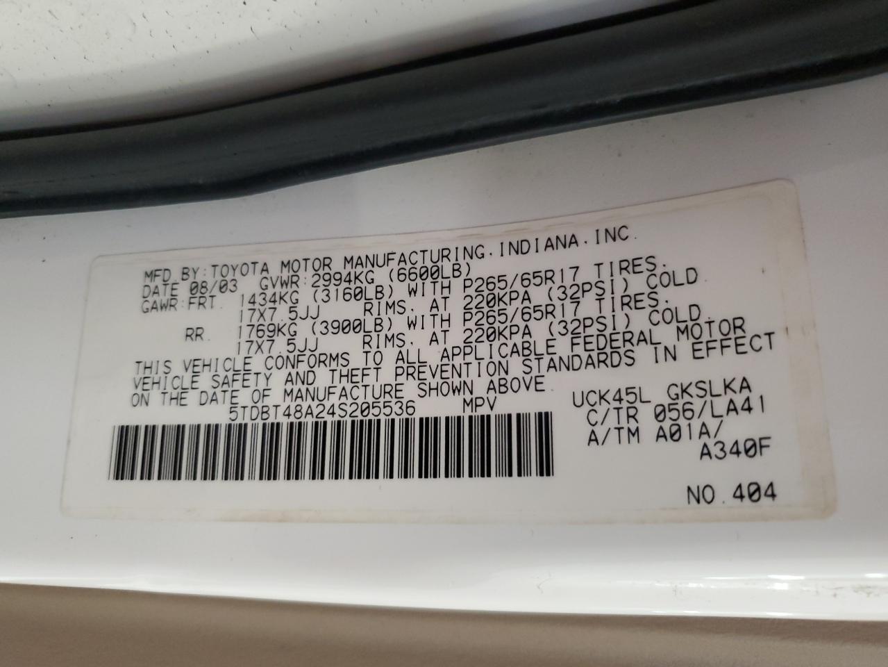 2004 Toyota Sequoia Limited VIN: 5TDBT48A24S205536 Lot: 68139255