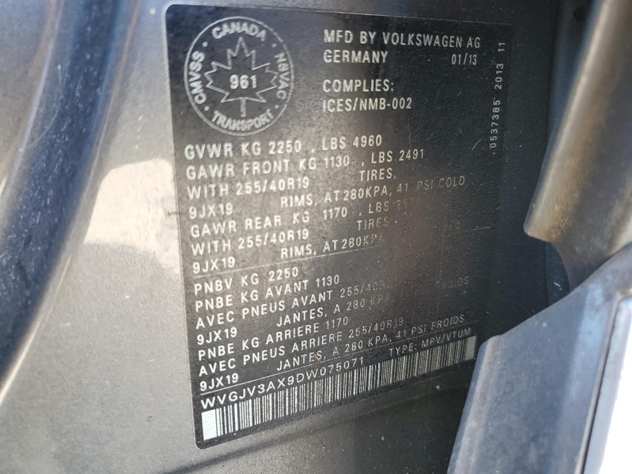 2013 Volkswagen Tiguan S VIN: WVGJV3AX9DW075071 Lot: 69286985