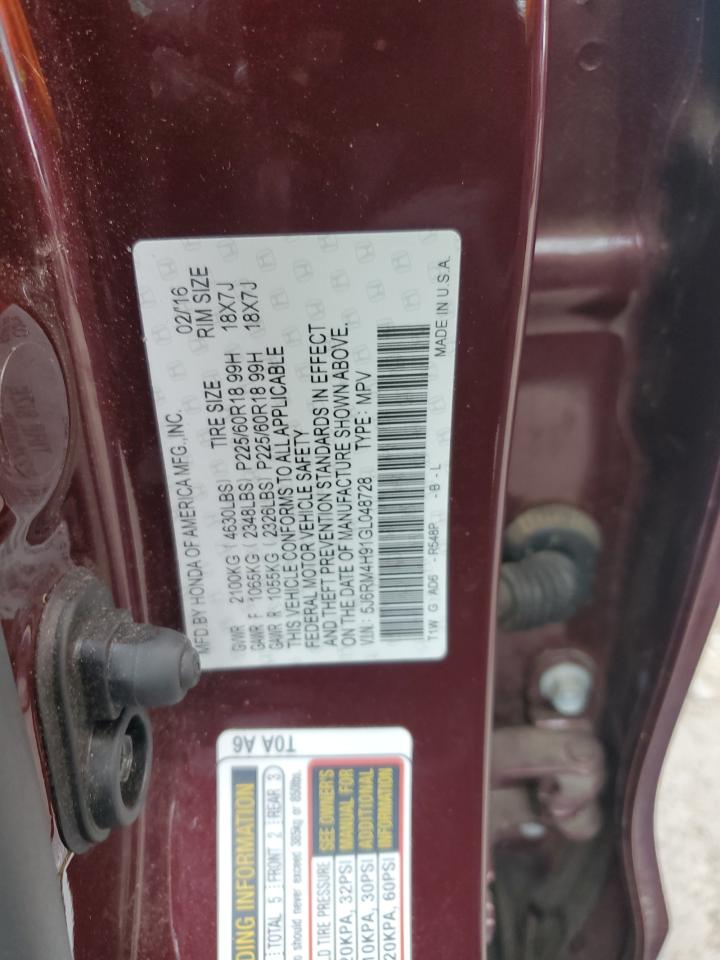 2016 Honda Cr-V Touring VIN: 5J6RM4H91GL048728 Lot: 68326835