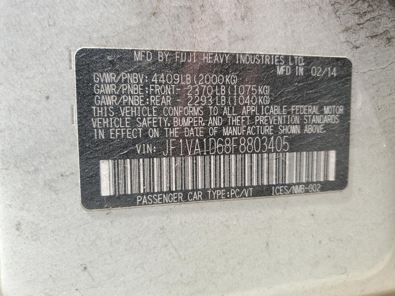 2015 Subaru Wrx Premium VIN: JF1VA1D68F8803405 Lot: 68022215