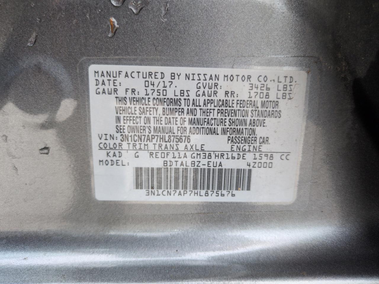 2017 Nissan Versa S VIN: 3N1CN7AP7HL875676 Lot: 67797945