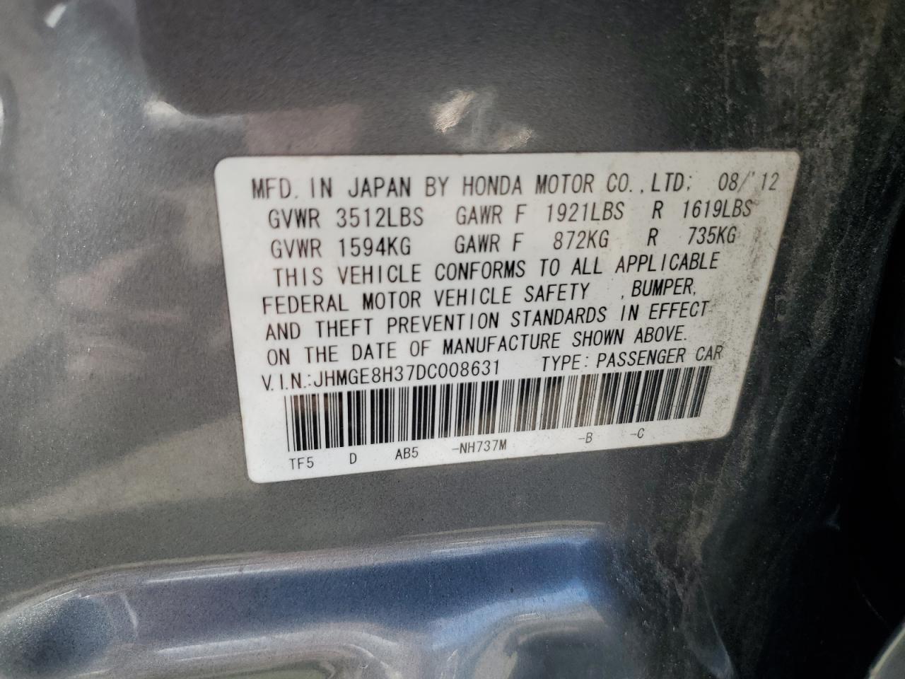 2013 Honda Fit VIN: JHMGE8H37DC008631 Lot: 69139795