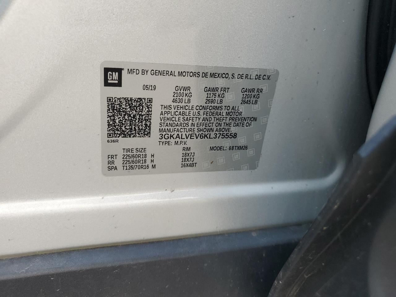 2019 GMC Terrain Slt VIN: 3GKALVEV6KL375558 Lot: 67417935