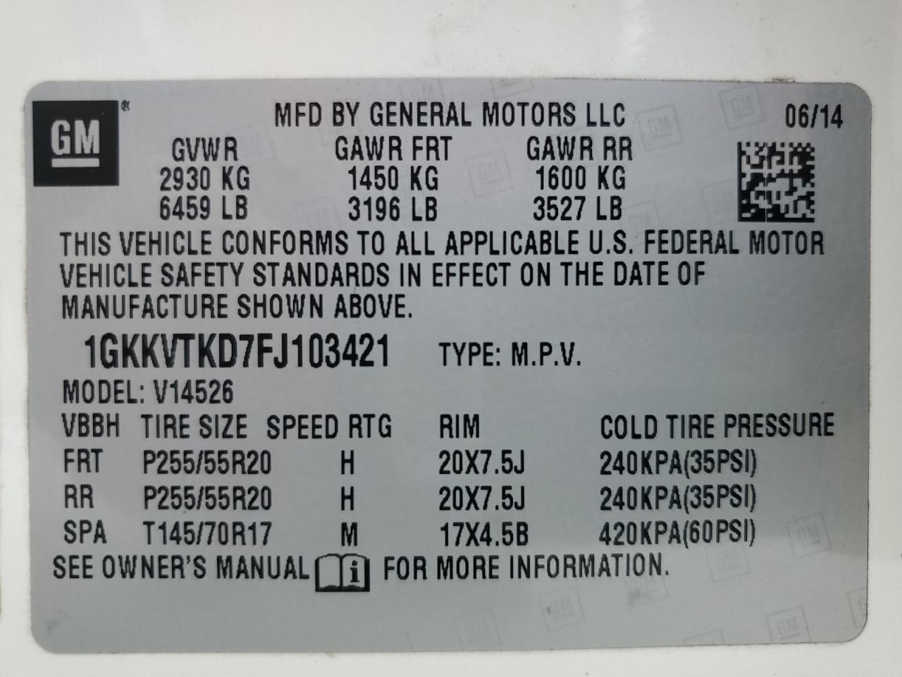 2015 GMC Acadia Denali VIN: 1GKKVTKD7FJ103421 Lot: 70141355