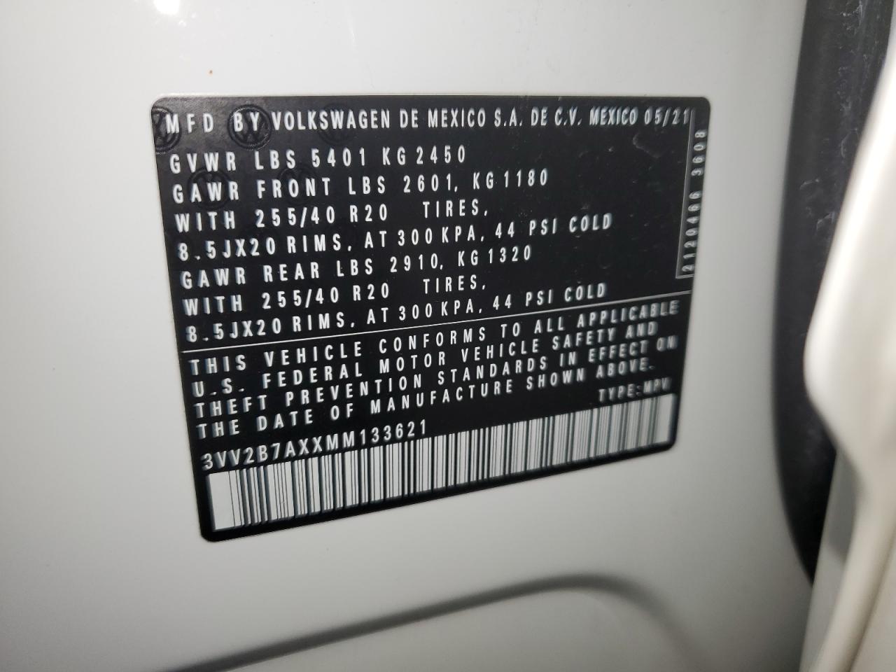 2021 Volkswagen Tiguan Se VIN: 3VV2B7AXXMM133621 Lot: 68498295