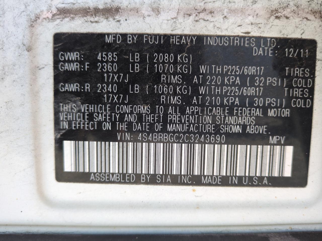 2012 Subaru Outback 2.5I Premium VIN: 4S4BRBGC2C3243690 Lot: 67667115