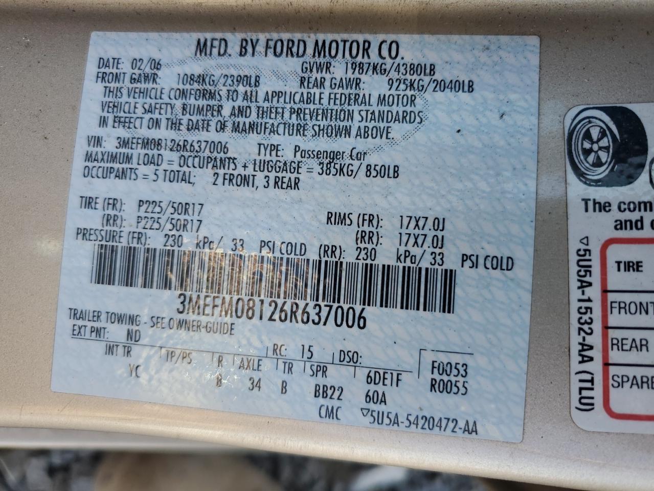 2006 Mercury Milan Premier VIN: 3MEFM08126R637006 Lot: 68083155