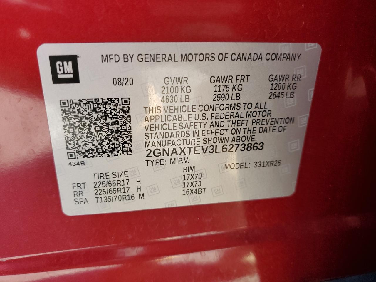 2020 Chevrolet Equinox Lt VIN: 2GNAXTEV3L6273863 Lot: 70464845