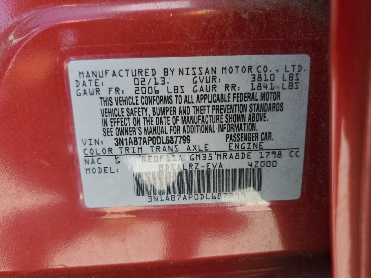 2013 Nissan Sentra S VIN: 3N1AB7AP0DL687799 Lot: 68397335