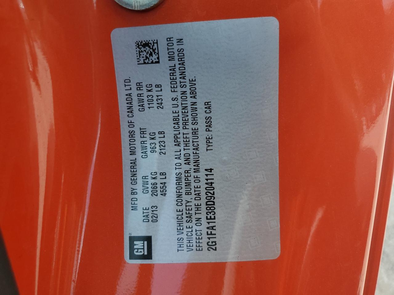 2013 Chevrolet Camaro Ls VIN: 2G1FA1E38D9204114 Lot: 69804505