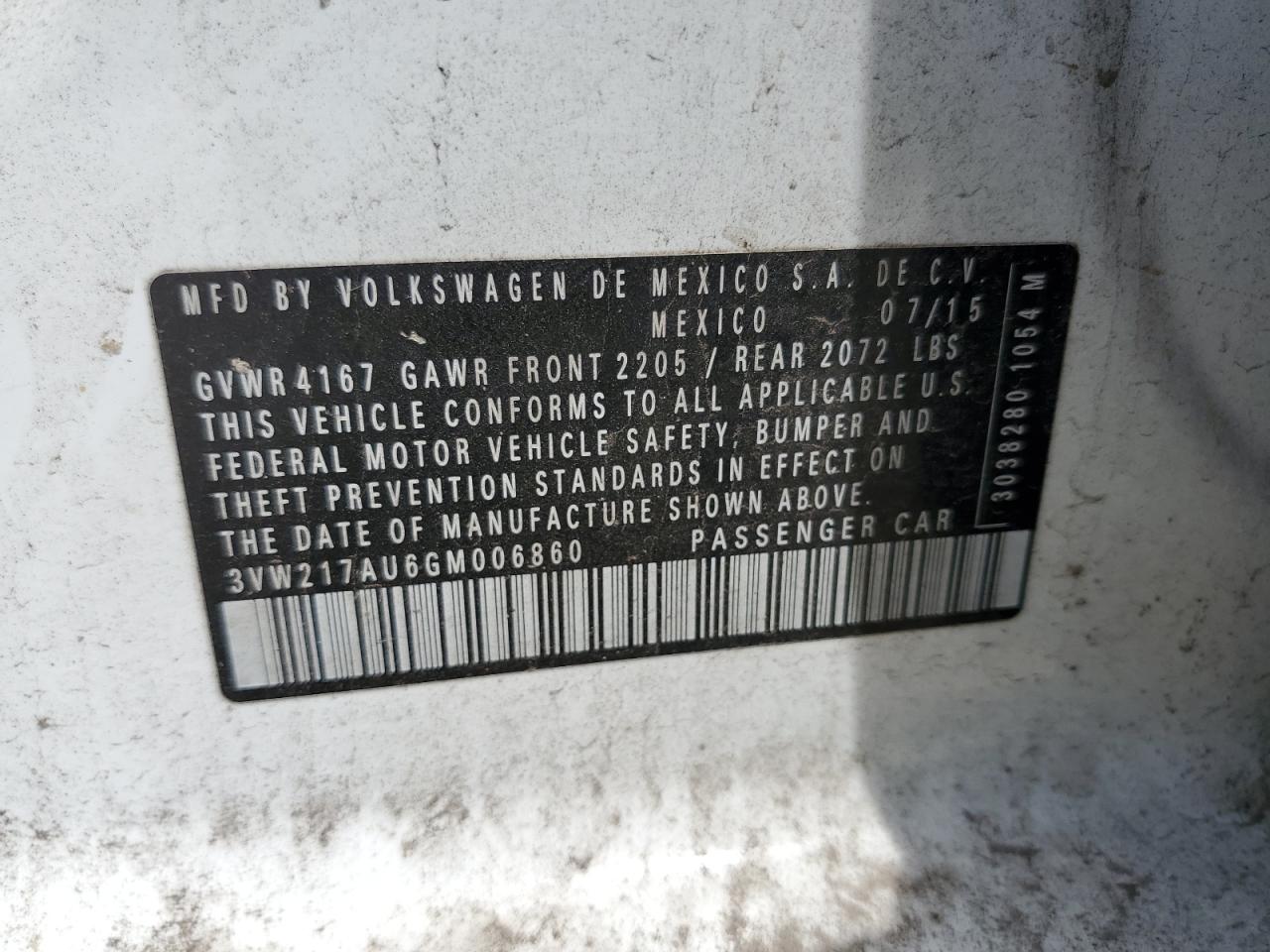 2016 Volkswagen Golf S/Se VIN: 3VW217AU6GM006860 Lot: 68441975