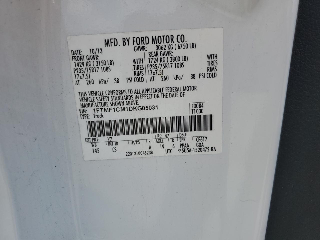 2013 Ford F150 VIN: 1FTMF1CM1DKG05031 Lot: 68627875