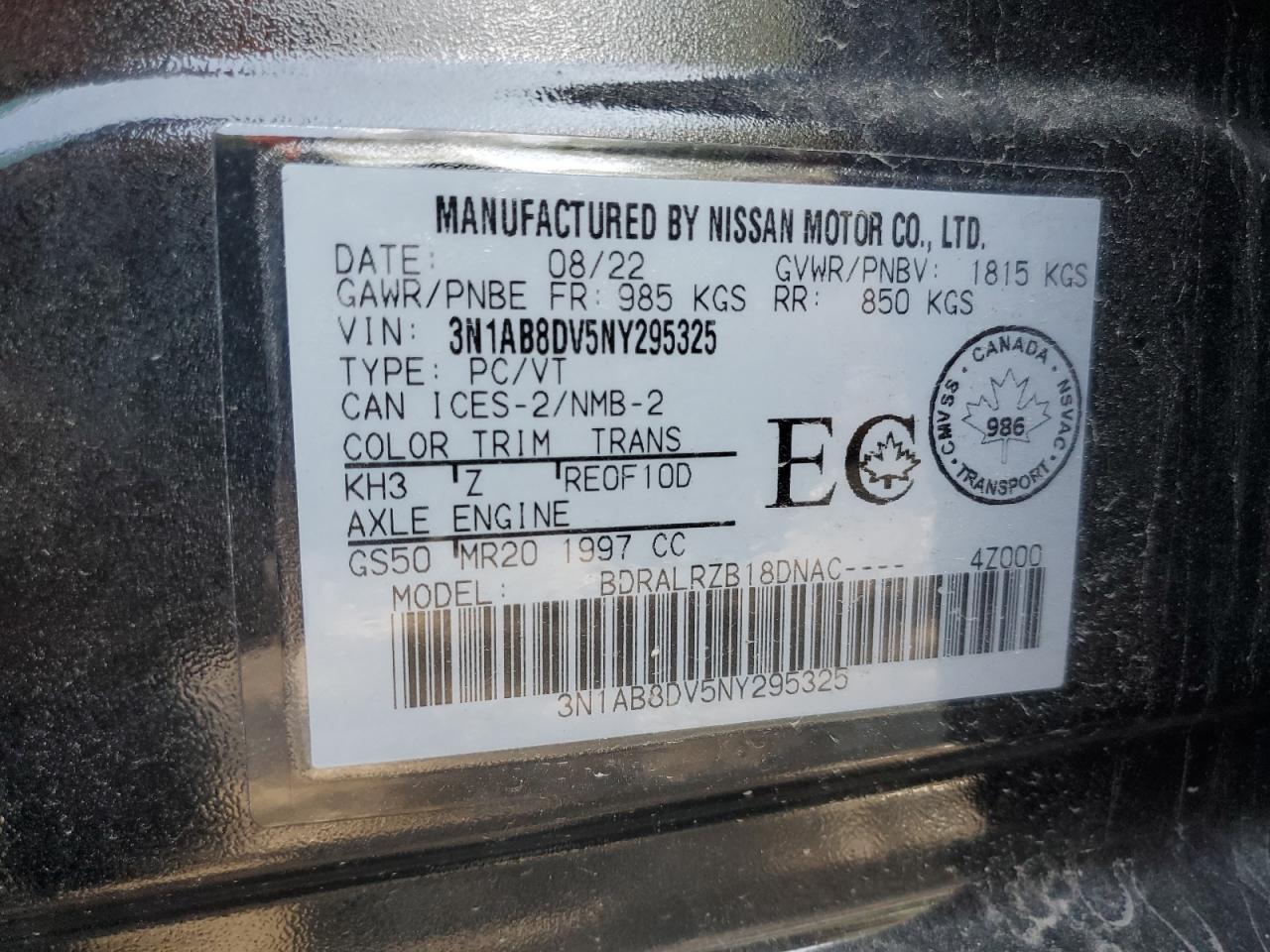 2022 Nissan Sentra Sr VIN: 3N1AB8DV5NY295325 Lot: 65456355