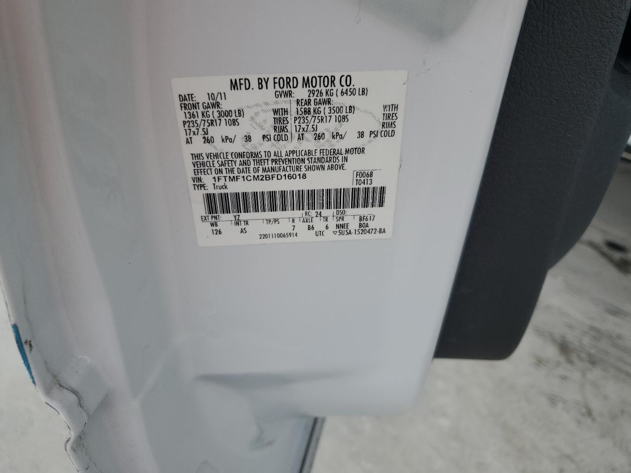 2011 Ford F150 VIN: 1FTMF1CM2BFD16018 Lot: 67958055