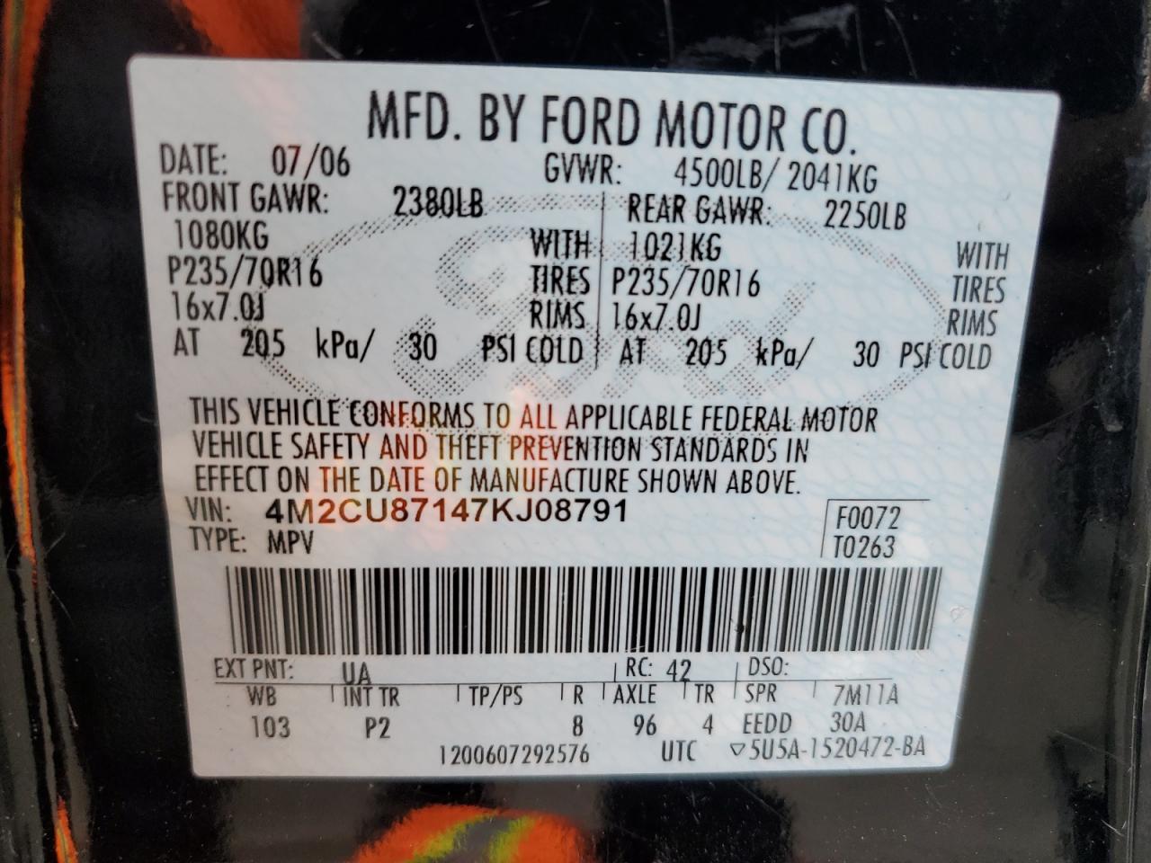 2007 Mercury Mariner Premier VIN: 4M2CU87147KJ08791 Lot: 70555705