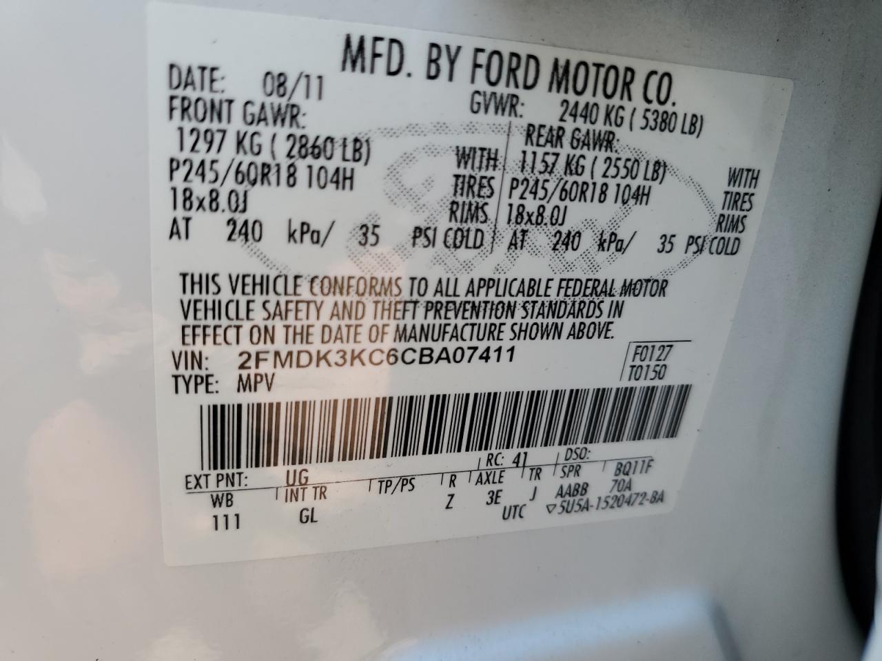 2012 Ford Edge Limited VIN: 2FMDK3KC6CBA07411 Lot: 69345395