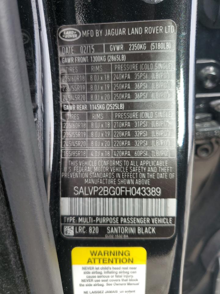 2015 Land Rover Range Rover Evoque Pure Plus VIN: SALVP2BG0FH043389 Lot: 68099485