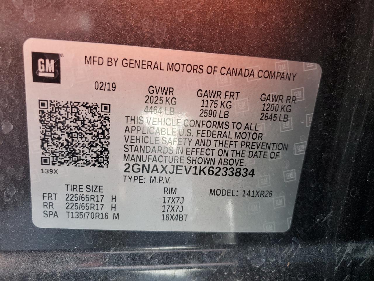 2019 Chevrolet Equinox Lt VIN: 2GNAXJEV1K6233834 Lot: 71046465