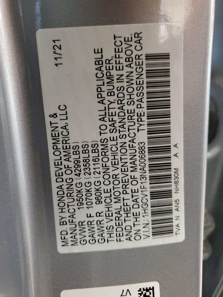 2022 Honda Accord Lx VIN: 1HGCV1F13NA006883 Lot: 69320425