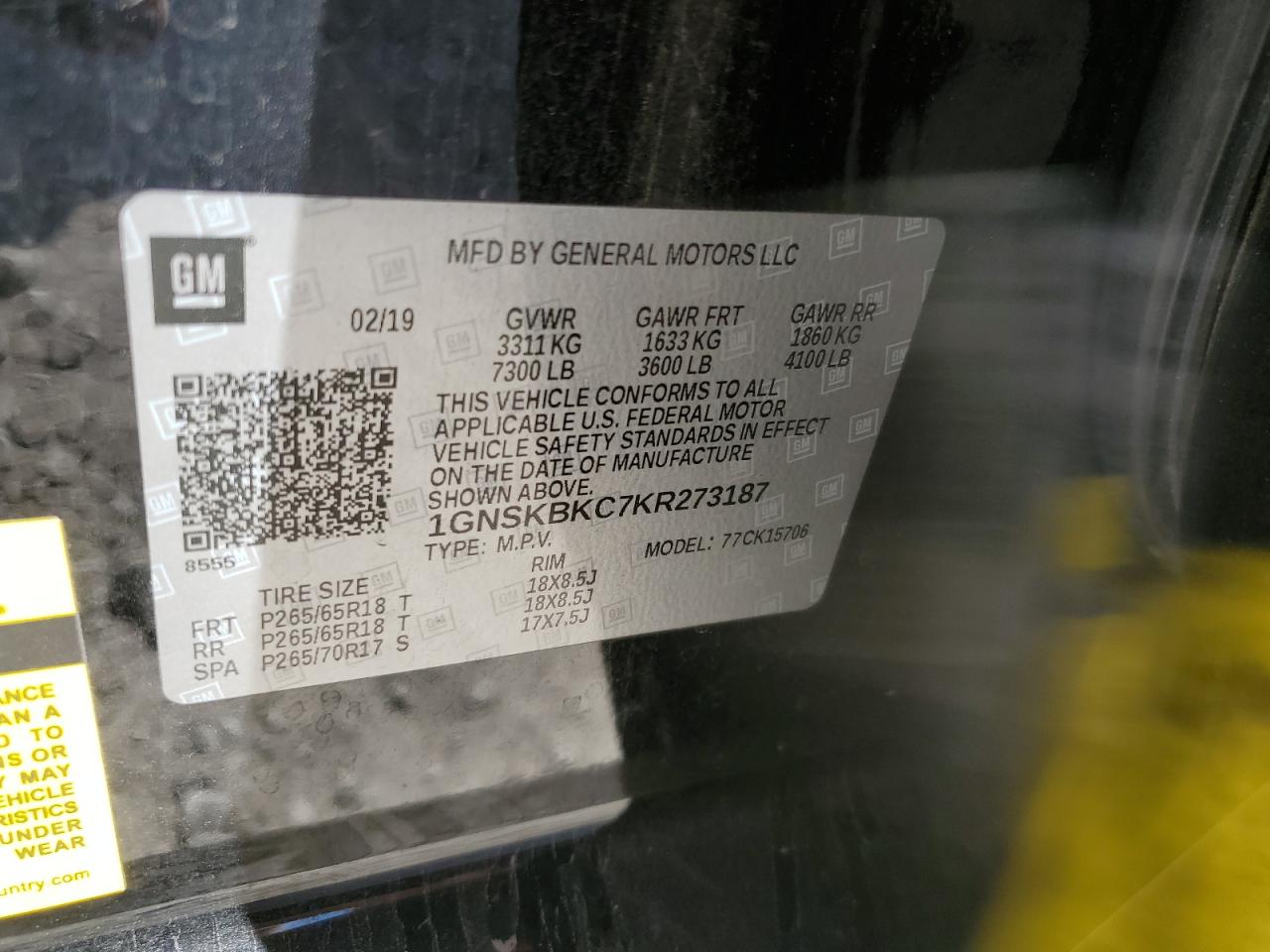 2019 Chevrolet Tahoe K1500 Lt VIN: 1GNSKBKC7KR273187 Lot: 70491665