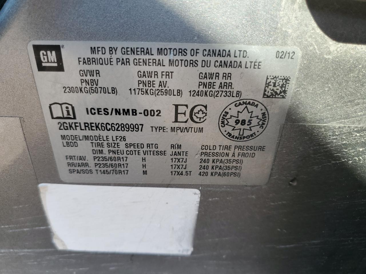 2012 GMC Terrain Sle VIN: 2GKFLREK6C6289997 Lot: 67262355