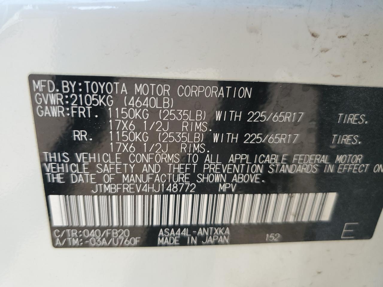 2017 Toyota Rav4 Le VIN: JTMBFREV4HJ148772 Lot: 63043415