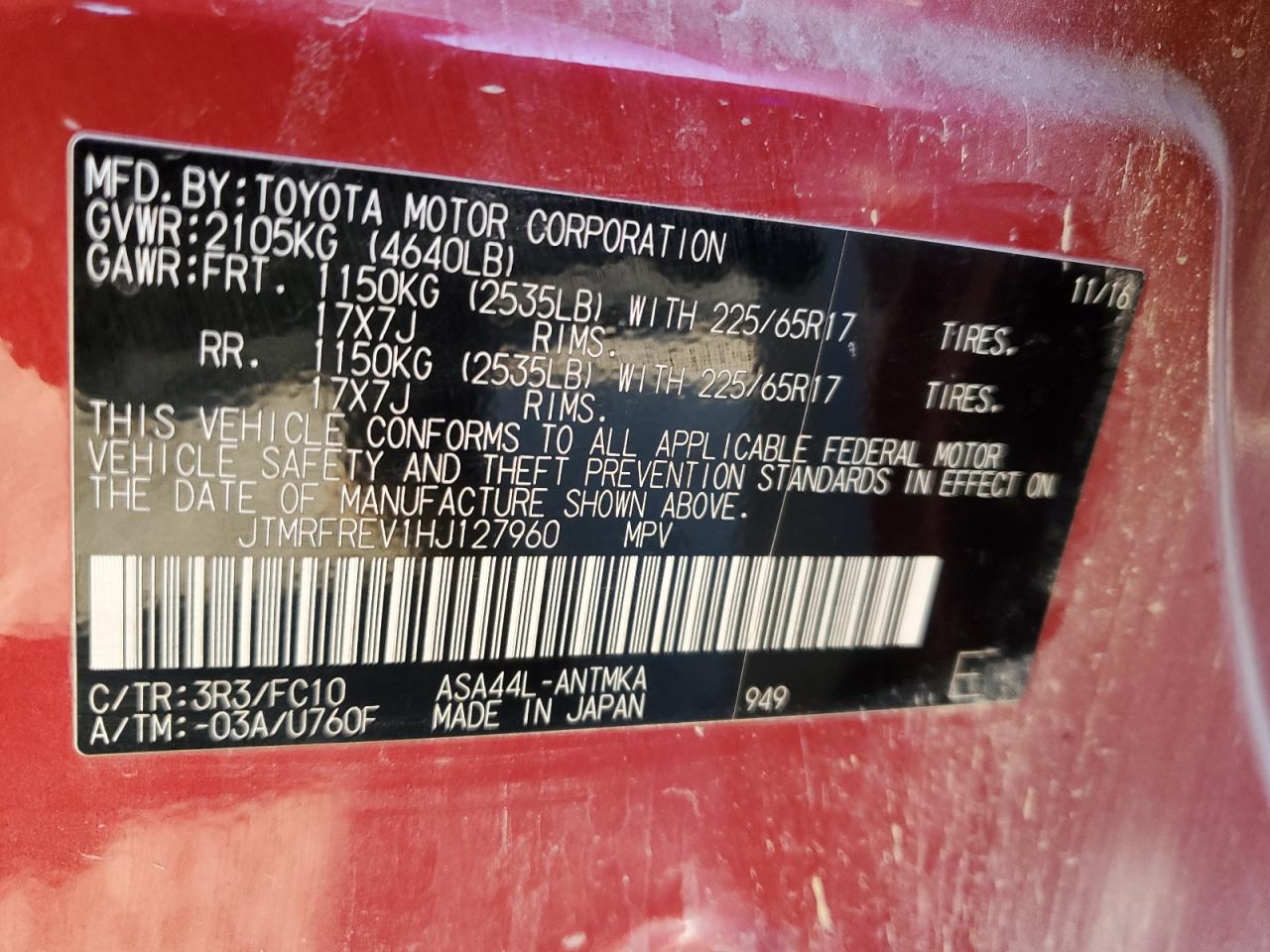 2017 Toyota Rav4 Xle VIN: JTMRFREV1HJ127960 Lot: 69553845