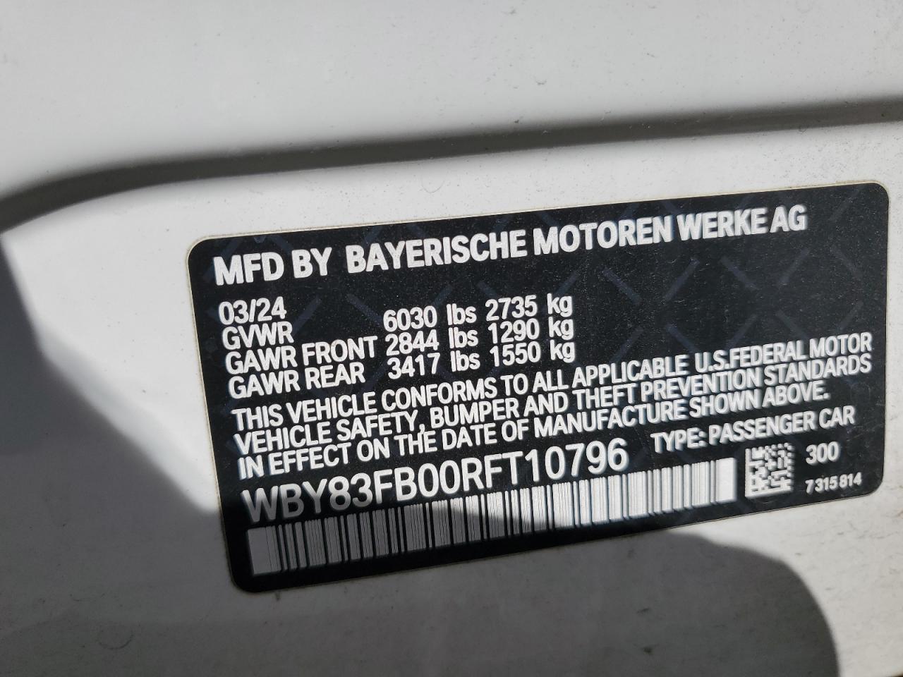 2024 BMW I4 xDrive 40 VIN: WBY83FB00RFT10796 Lot: 65617775