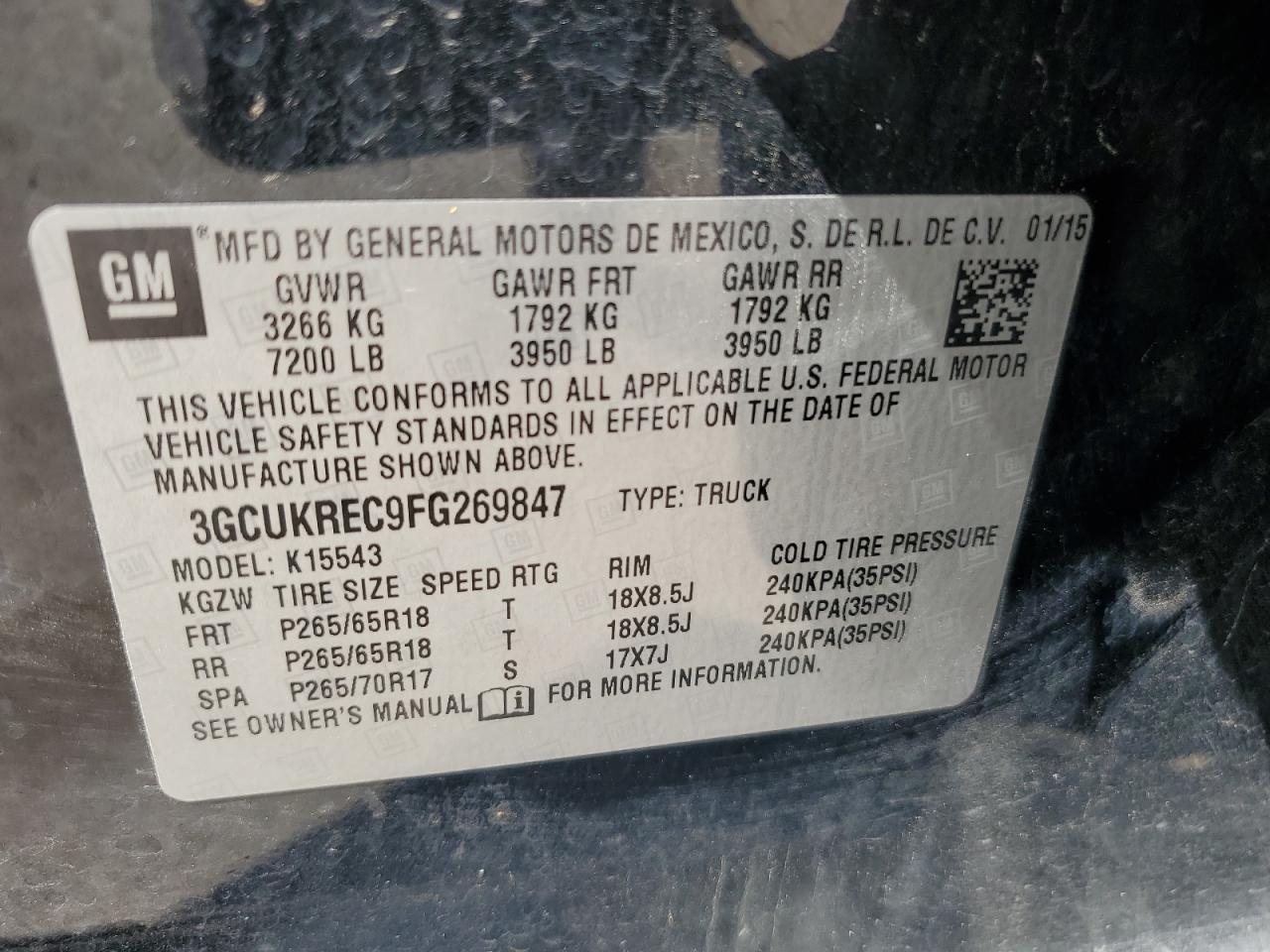 2015 Chevrolet Silverado K1500 Lt VIN: 3GCUKREC9FG269847 Lot: 67125075