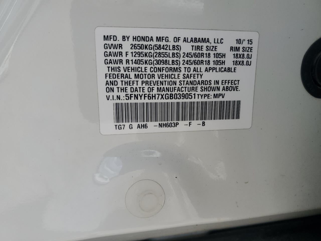 2016 Honda Pilot Exln VIN: 5FNYF6H7XGB039051 Lot: 70289715