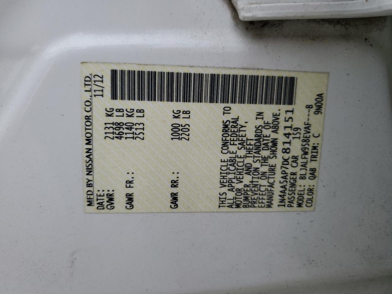 1N4AA5AP7DC814151 2013 Nissan Maxima S