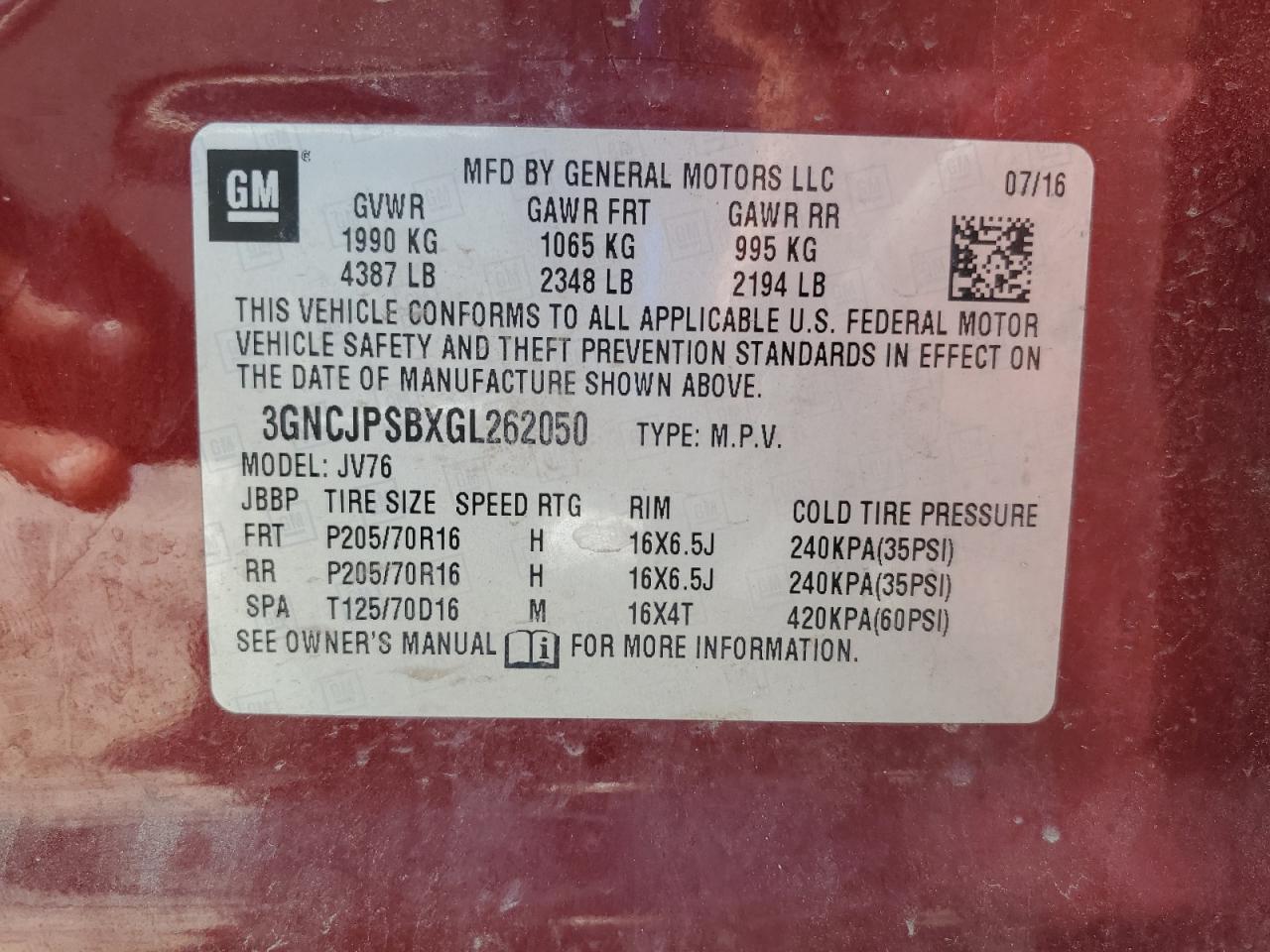 2016 Chevrolet Trax 1Lt VIN: 3GNCJPSBXGL262050 Lot: 68306555