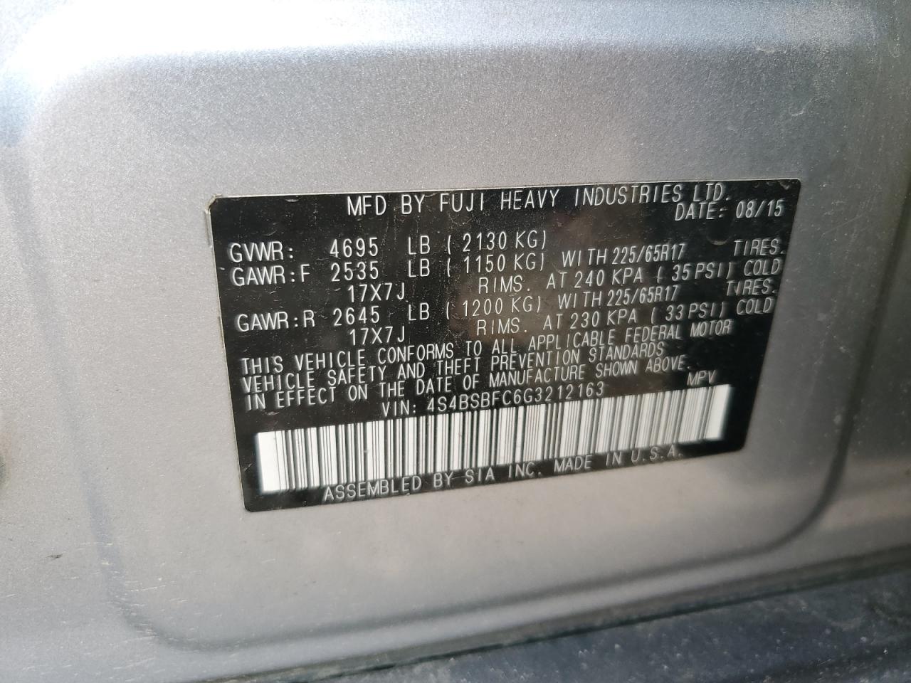 2016 Subaru Outback 2.5I Premium VIN: 4S4BSBFC6G3212163 Lot: 70052375