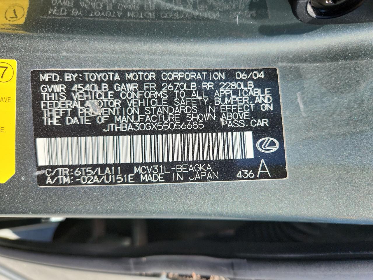 2005 Lexus Es 330 VIN: JTHBA30GX55056685 Lot: 70714065